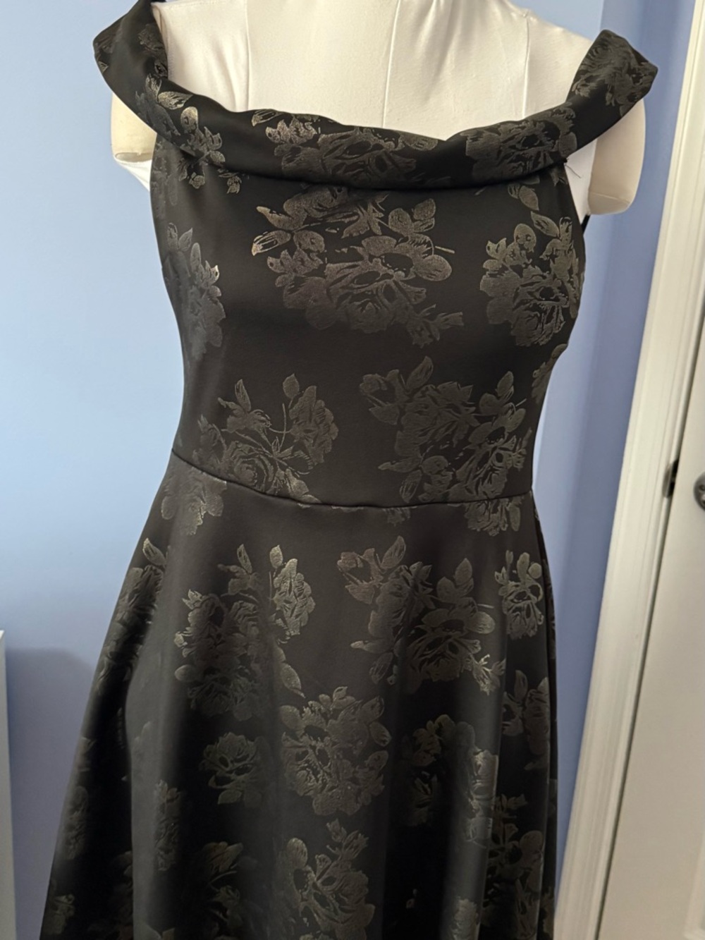 Premier Amour Black Floral Jacquard High-Low Off-Shoulder Fit Dress